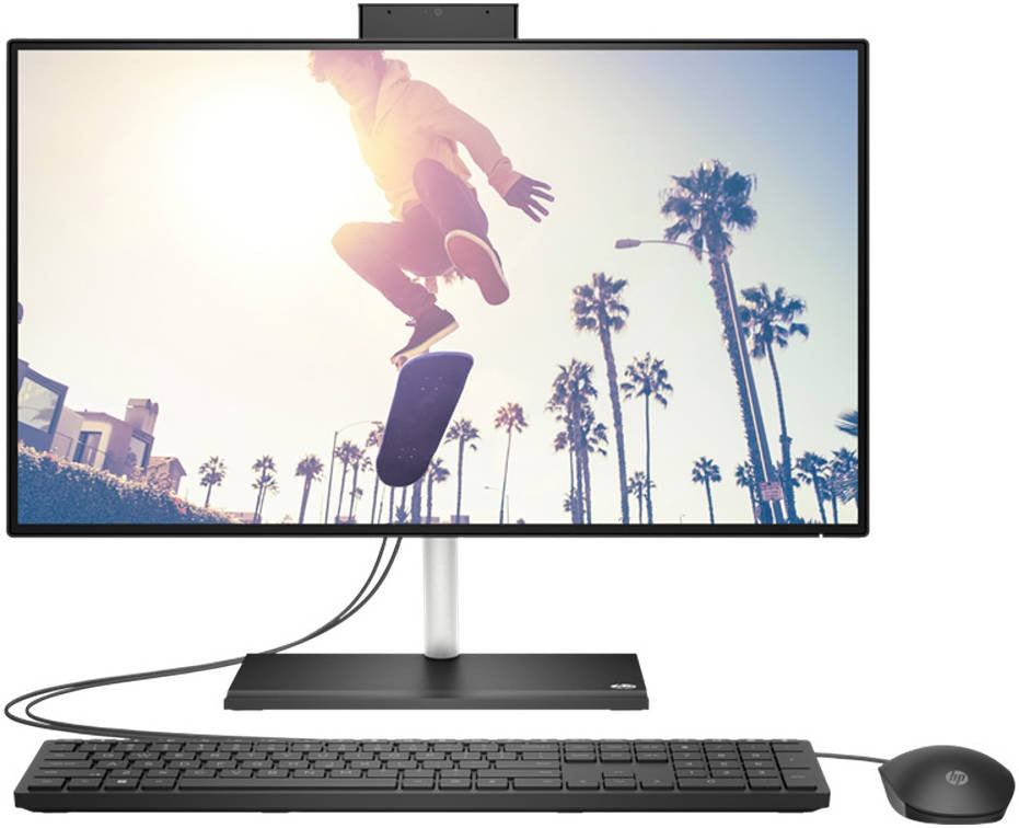 HP 24-cb1022nh Bundle AIO Desktop Computer, 23.8" Diagonal, FHD VA Display, Intel Core i5-1235U, 8GB RAM, 512GB SSD, HP 225 Black Wired KB & Mouse, Free DOS, Black | 6V340EA#BH5