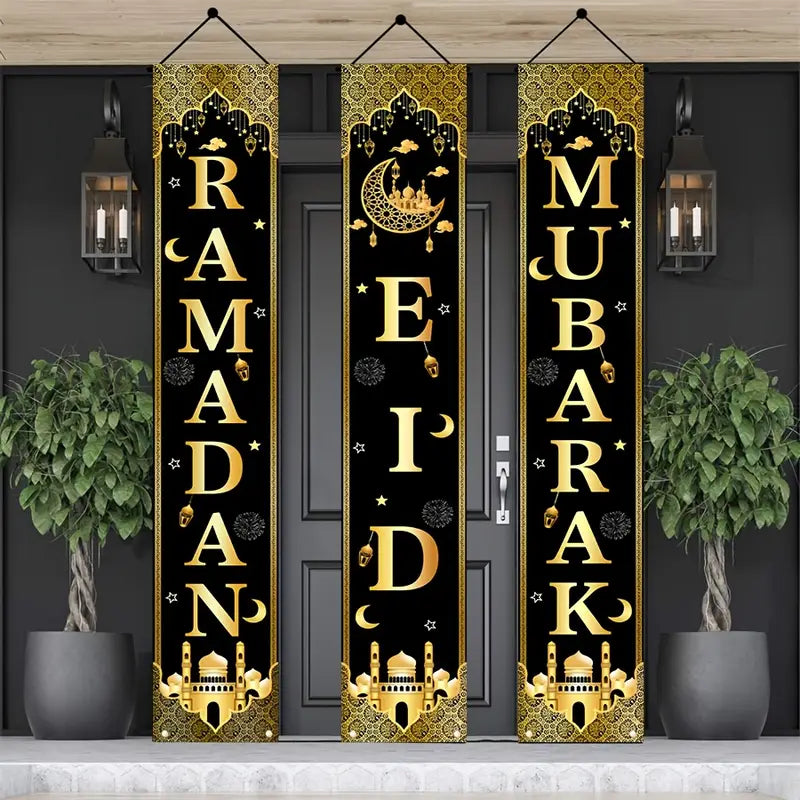 3Pcs Eid Mubarak Decor Set – Black & Gold Ramadan Door Banners with Moon Design, Polyester Porch Signs for Home