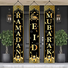 3Pcs Eid Mubarak Decor Set – Black & Gold Ramadan Door Banners with Moon Design, Polyester Porch Signs for Home