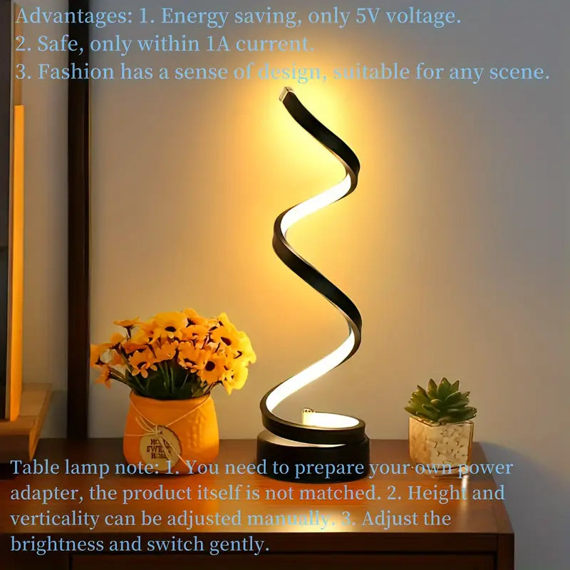 Spiral LED Table Lamp – Dimmable Gooseneck Metal Desk Light with USB Power, Adjustable Brightness & Sleek Design for Office, Bedroom, Living Room