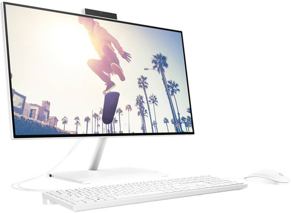 HP 24-cb1034ne Bundle AIO Desktop Computer, 23.8" Diagonal, FHD VA Display, Intel Core i5-1235U, 8GB RAM, 256GB SSD, HP 225 White Wired KB & Mouse, Free DOS, White | 6P0E5EA#ABV