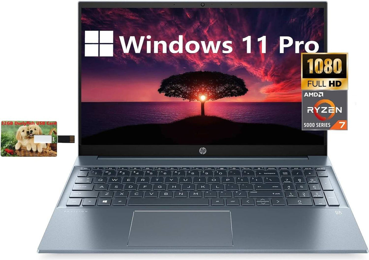 HP Pavilion 15.6'' FHD 1080P IPS Business Laptop, AMD Ryzen 7 5700U(Beat i7-1180G7), Windows 11 Pro, 32GB RAM, 1TB SSD, WiFi, HDMI, Fast Charge, Numpad, Long Battery Life, 32GB Durlyfish USB Card