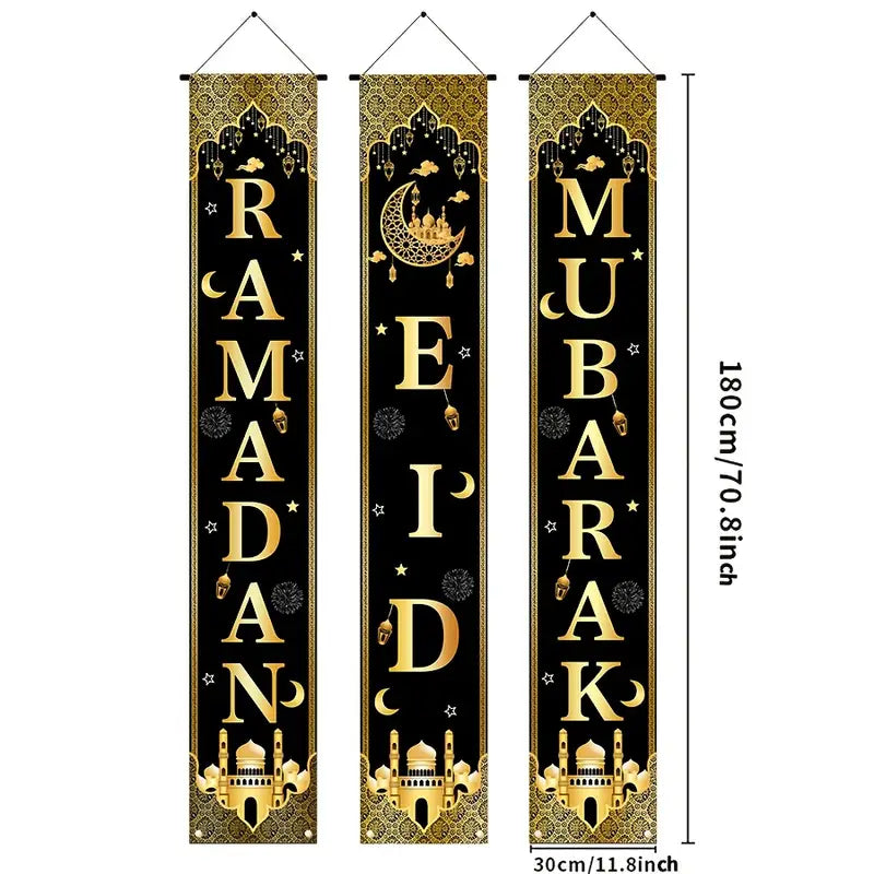 3Pcs Eid Mubarak Decor Set – Black & Gold Ramadan Door Banners with Moon Design, Polyester Porch Signs for Home