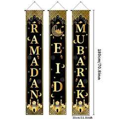 3Pcs Eid Mubarak Decor Set – Black & Gold Ramadan Door Banners with Moon Design, Polyester Porch Signs for Home