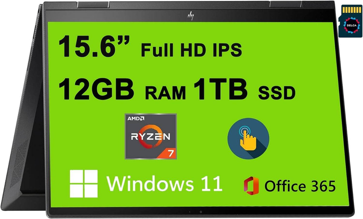 HP Envy X360 15 2-in-1 Laptop I 15.6 Full HD IPS Multi-Touch I AMD 8-Core Ryzen 7 5825U I 12GB DDR4 1TB SSD I AMD Radeon Graphic I Backlit USB-C HDMI Office365 Win11 Black + 32GB MicroSD Card