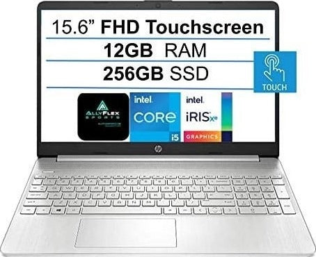 HP 15.6" FHD IPS Touchscreen Laptop, 11th Gen Intel Quad-Core i5-1135G7, 12GB RAM, 256GB SSD, Webcam, HDMI, USB-C, WiFi, Windows 10 Home + AllyFlex MP