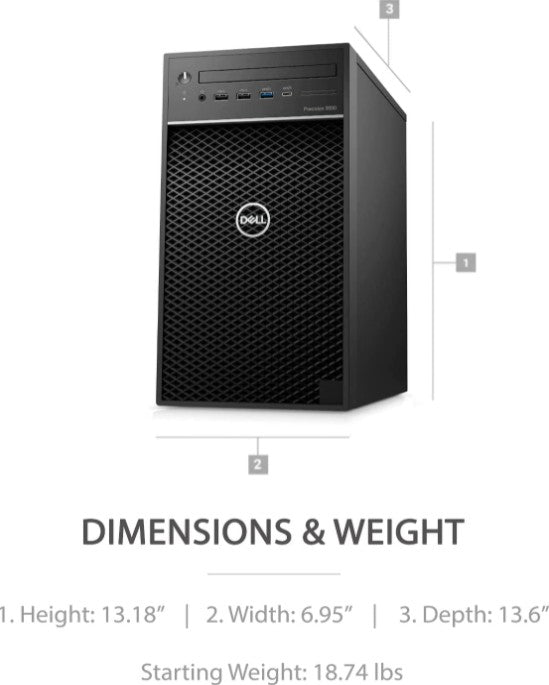 Dell Precision T3650 Tower Workstation, Intel Core i7-11700K, 16GB RAM, 256GB SSD + 1TB 3.5" HDD, NVIDIA Quadro P2000 5GB, Wired ARB KB & Optical Mouse, Win 10, Black | PCS-T3650-DT-ARB2