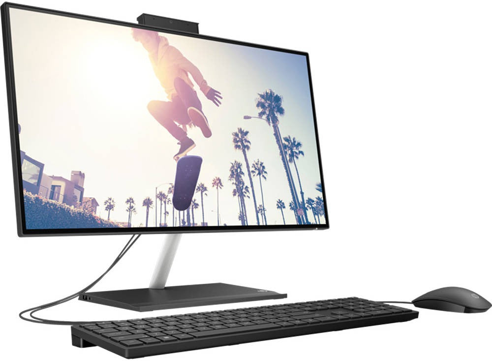 HP 24-cb1022nh Bundle AIO Desktop Computer, 23.8" Diagonal, FHD VA Display, Intel Core i5-1235U, 8GB RAM, 512GB SSD, HP 225 Black Wired KB & Mouse, Free DOS, Black | 6V340EA#BH5