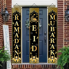 3Pcs Eid Mubarak Decor Set – Black & Gold Ramadan Door Banners with Moon Design, Polyester Porch Signs for Home