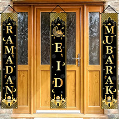 3Pcs Eid Mubarak Decor Set – Black & Gold Ramadan Door Banners with Moon Design, Polyester Porch Signs for Home