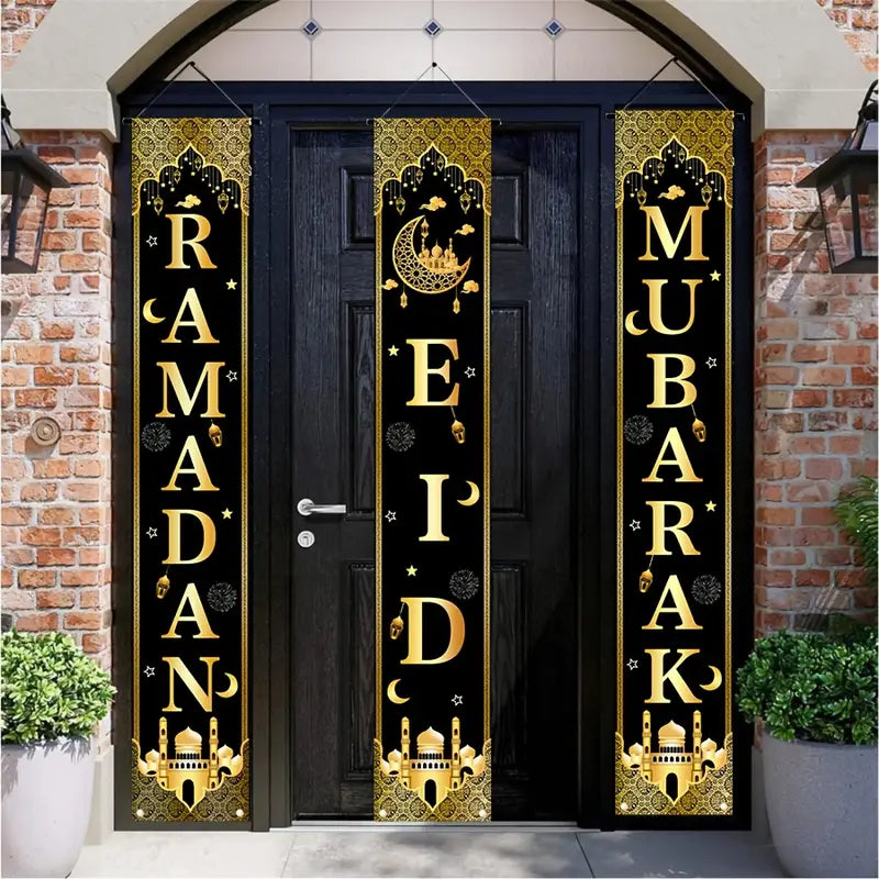 3Pcs Eid Mubarak Decor Set – Black & Gold Ramadan Door Banners with Moon Design, Polyester Porch Signs for Home